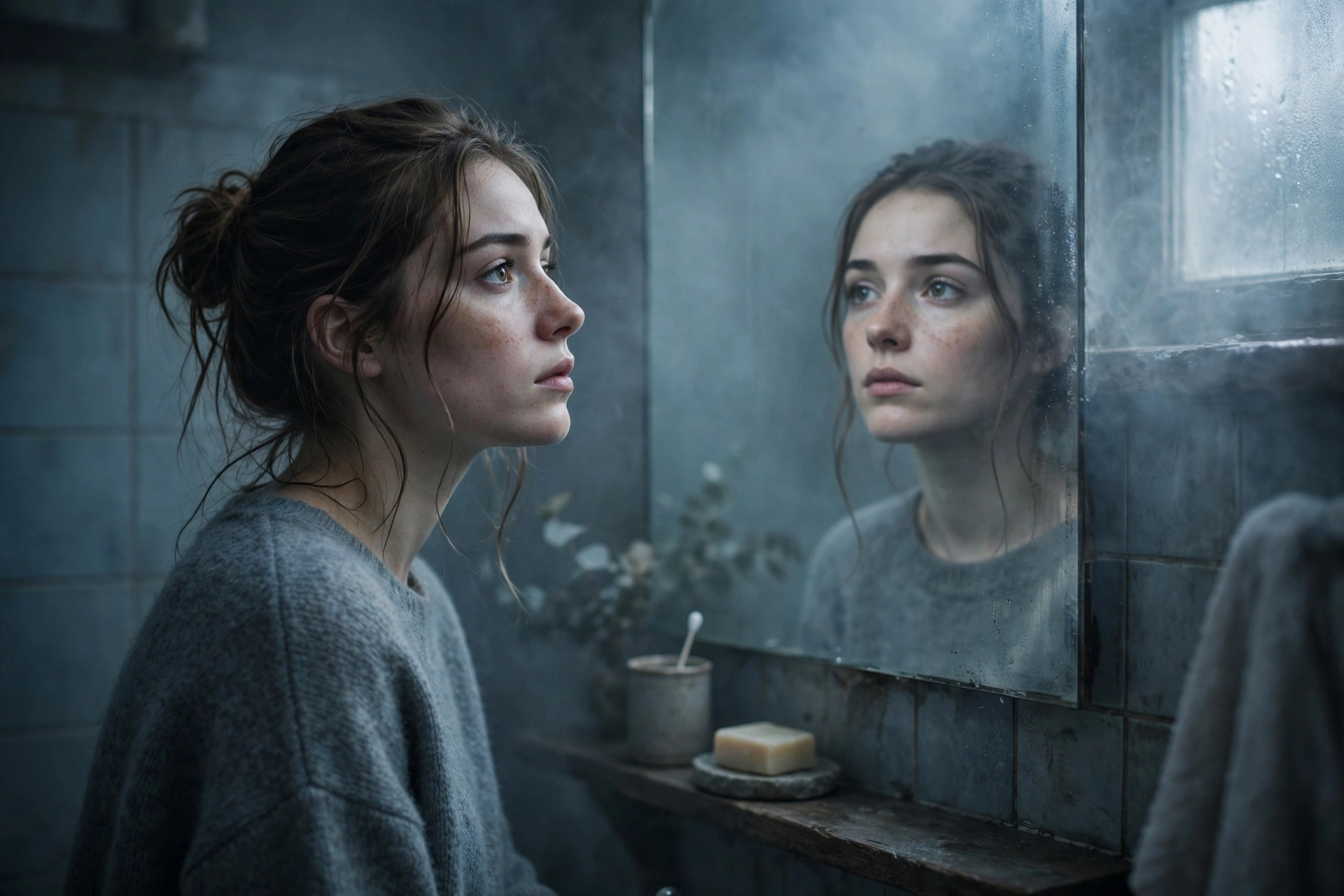 在镜子前审视自己的年轻女性，写实摄影