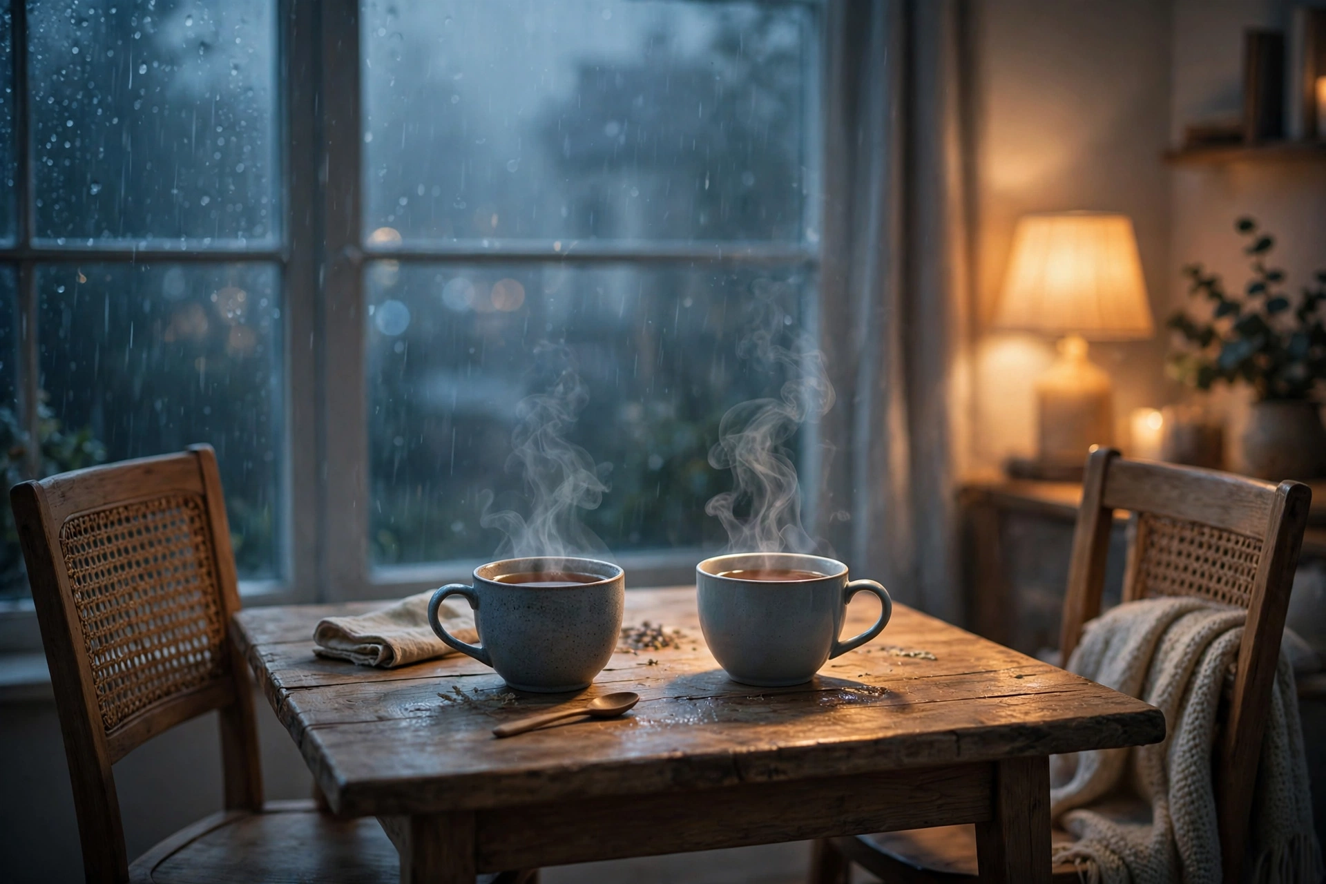 雨夜窗边，两杯冒着热气的茶放在木桌上，中间隔着一段安静的距离，雾蓝色调带一点暖光