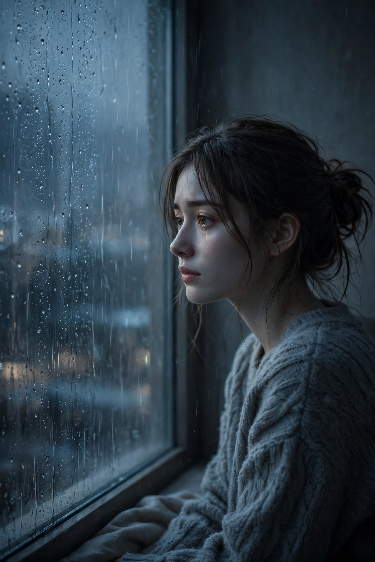 深夜雨窗前眼眶含泪却强忍的年轻人，雾蓝灰色调写实摄影