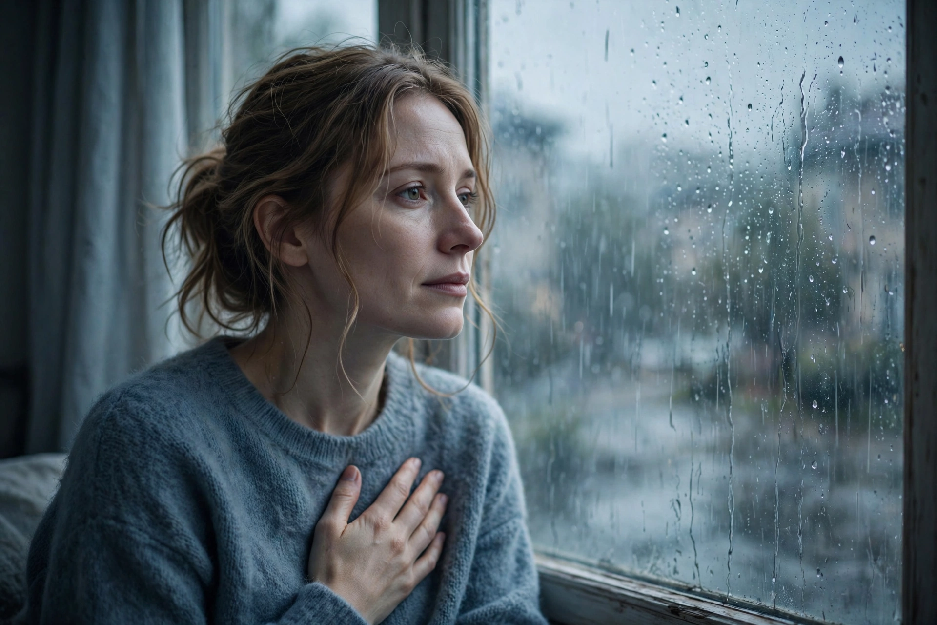 雨天窗边手抚胸口平静接纳情绪的人