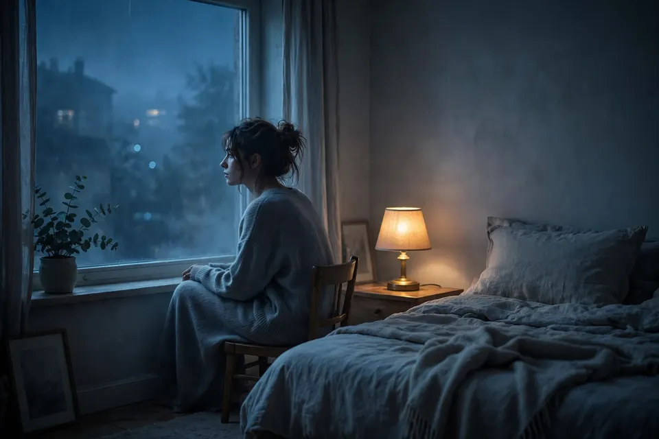 深夜的房间里亮着一盏小暖灯，一个人坐在窗边望着窗外的深蓝夜色，雾蓝色调安静微凉