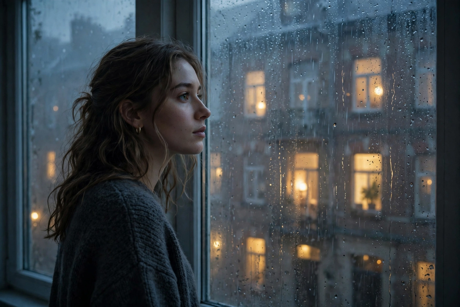 雨夜窗边，一位年轻女性望着对面亮着暖光的窗户出神，窗玻璃上凝着细密水珠，雾蓝色调安静克制