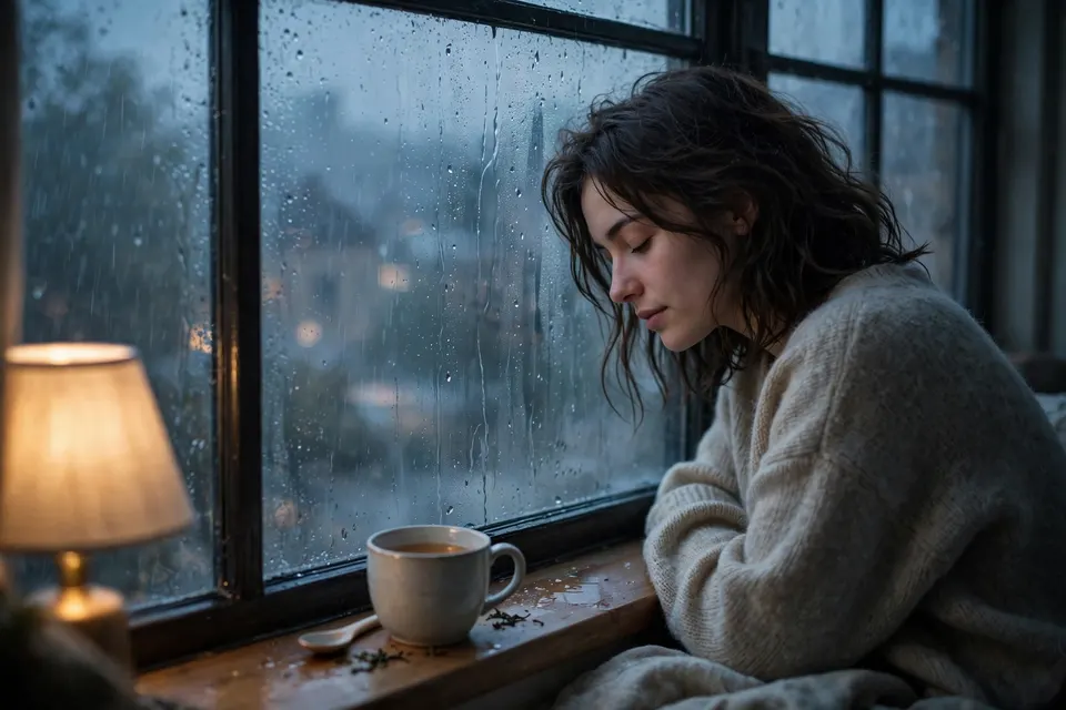 雨夜窗边，一个年轻人额头贴着玻璃出神，桌上放着一杯已经凉了的茶，雾蓝色调安静温柔