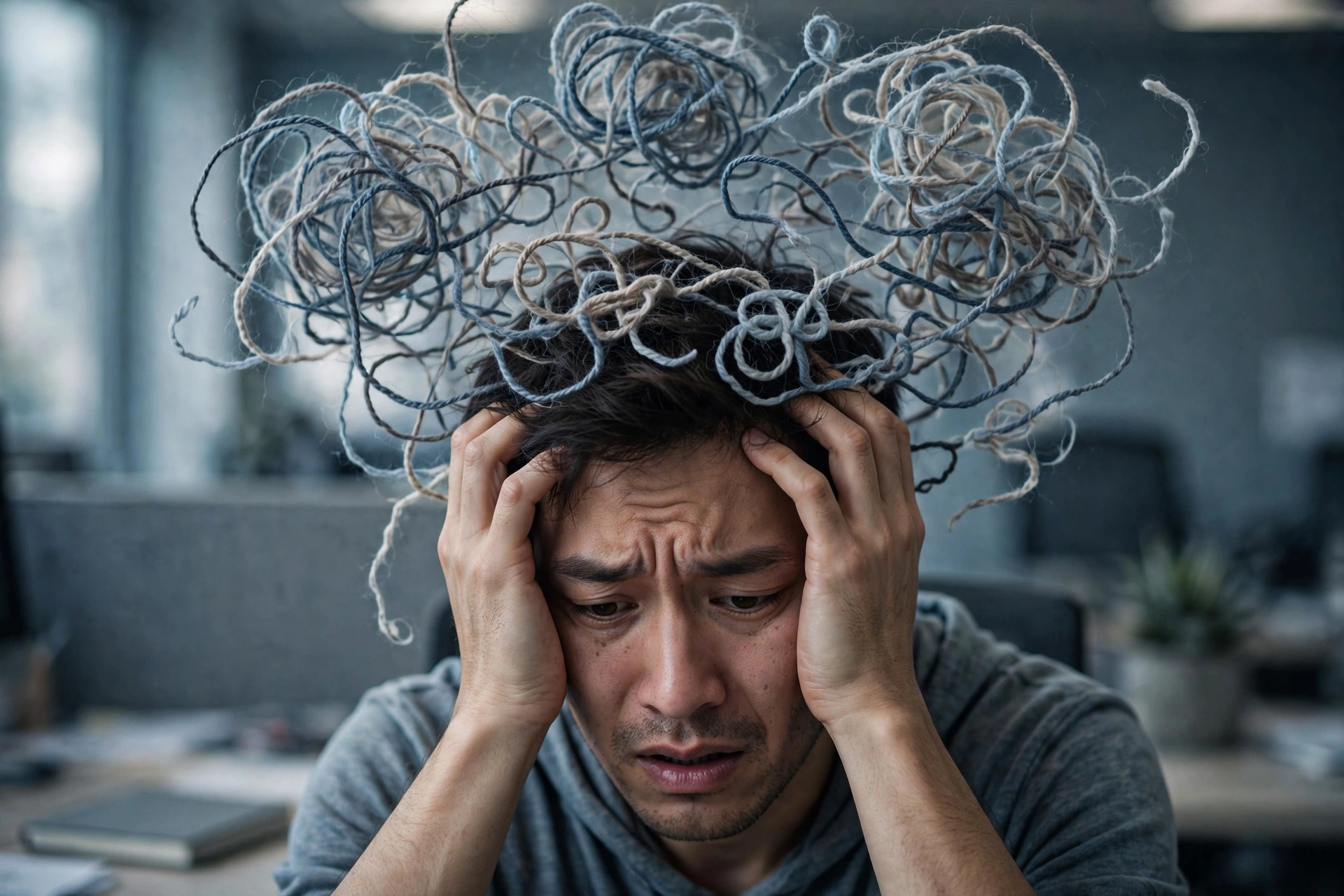 抱头苦思的人，头顶缠绕的毛线