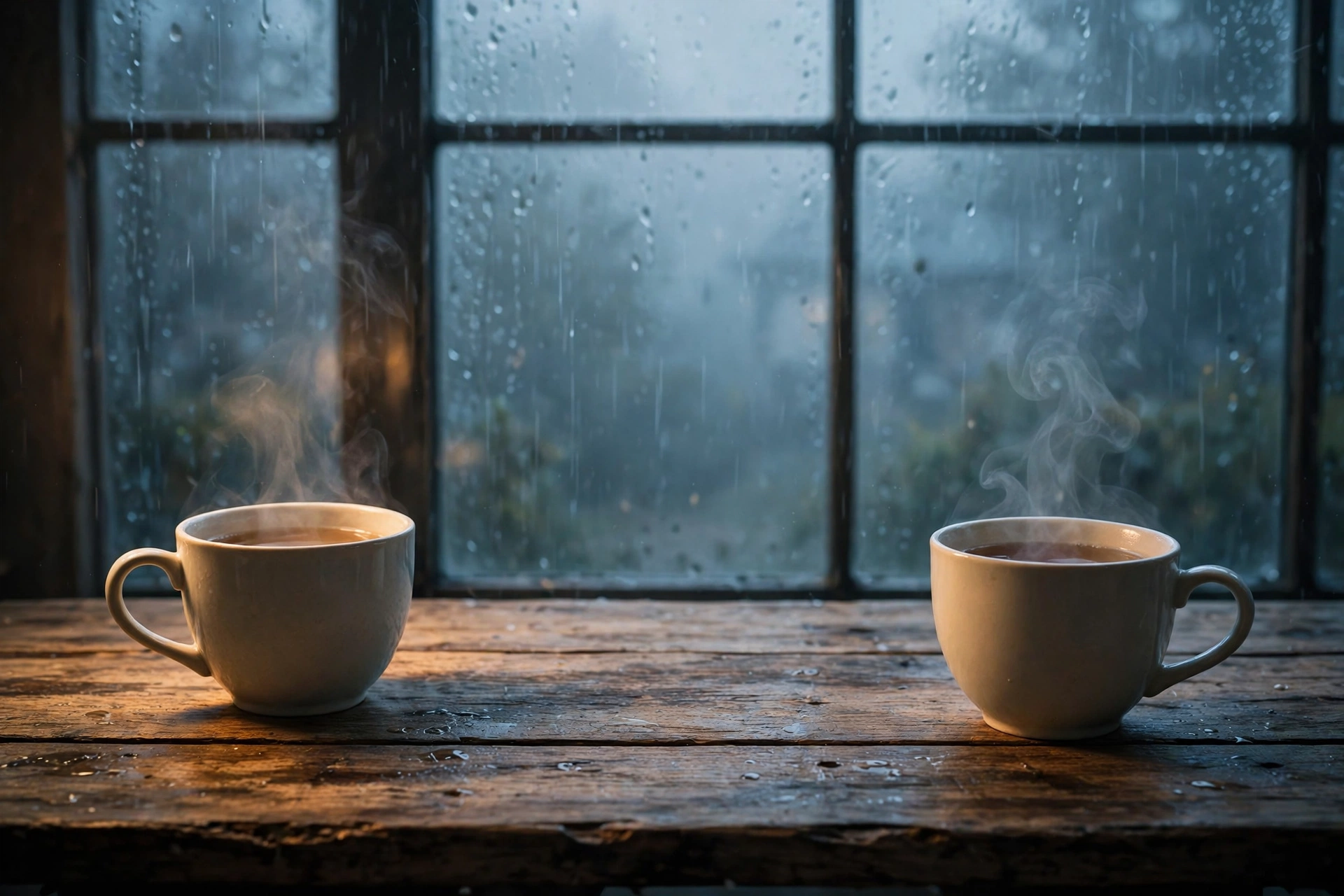 雨夜窗边，木桌上放着两杯冒着热气的茶，中间隔着一段安静的距离，雾蓝色调带一点暖光